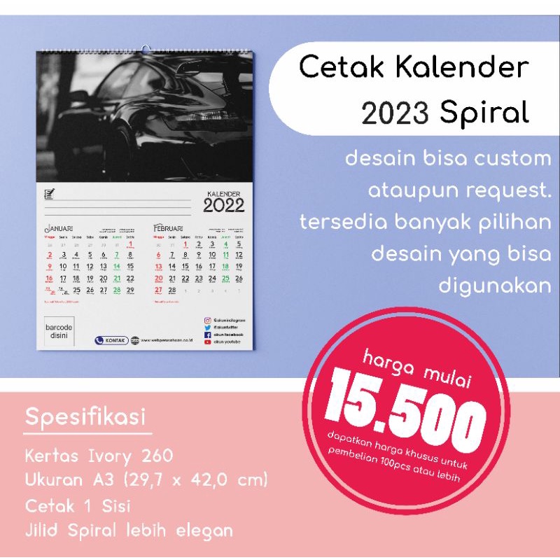 

Kalender Dinding 2023 Spiral A3+ Bisa Satuan Custom Desain Kertas Tebal (Ivory 260)