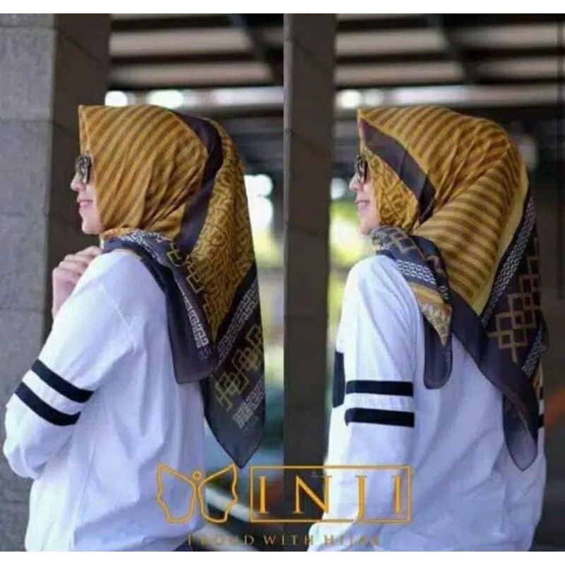 Terbaru !! Hijab Segiempat Voal Motif Inji Kuning Kerudung Segiempat Motif