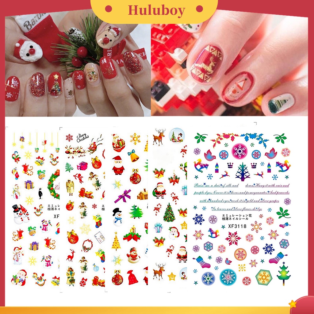 Huluboy Huluboy♡ 12pcs / Set Stiker Kuku 3D Motif Santa Claus / Rusa / Manusia Salju Warna-Warni Untuk Musim Dingin