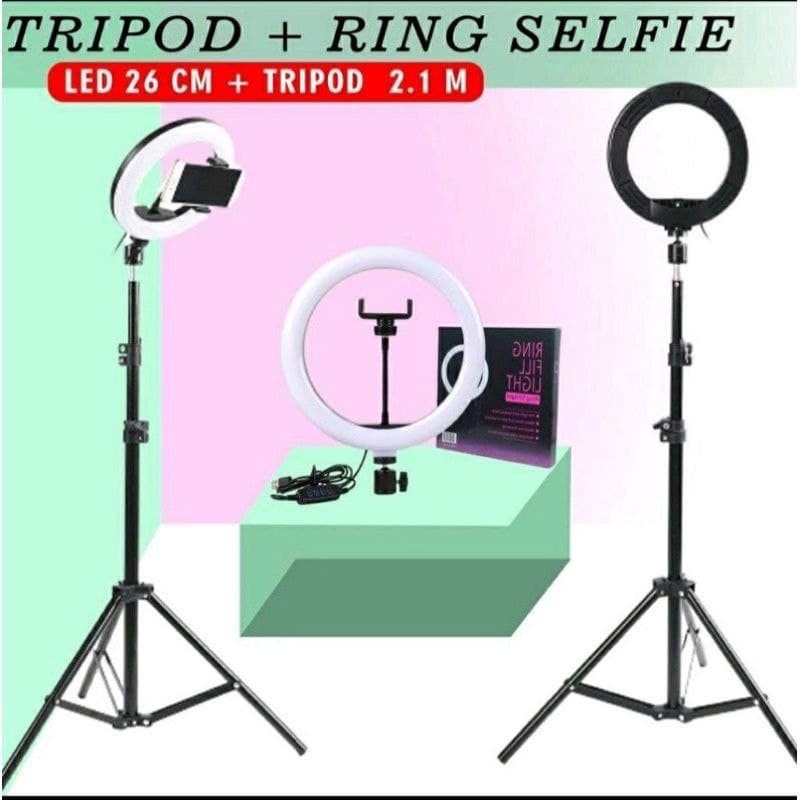 Tripod Ring Light LED 26cm + Tripod 2.1m Paket Ringlight Stand Holder 2m Make Up Beauty Vloger 26 CM