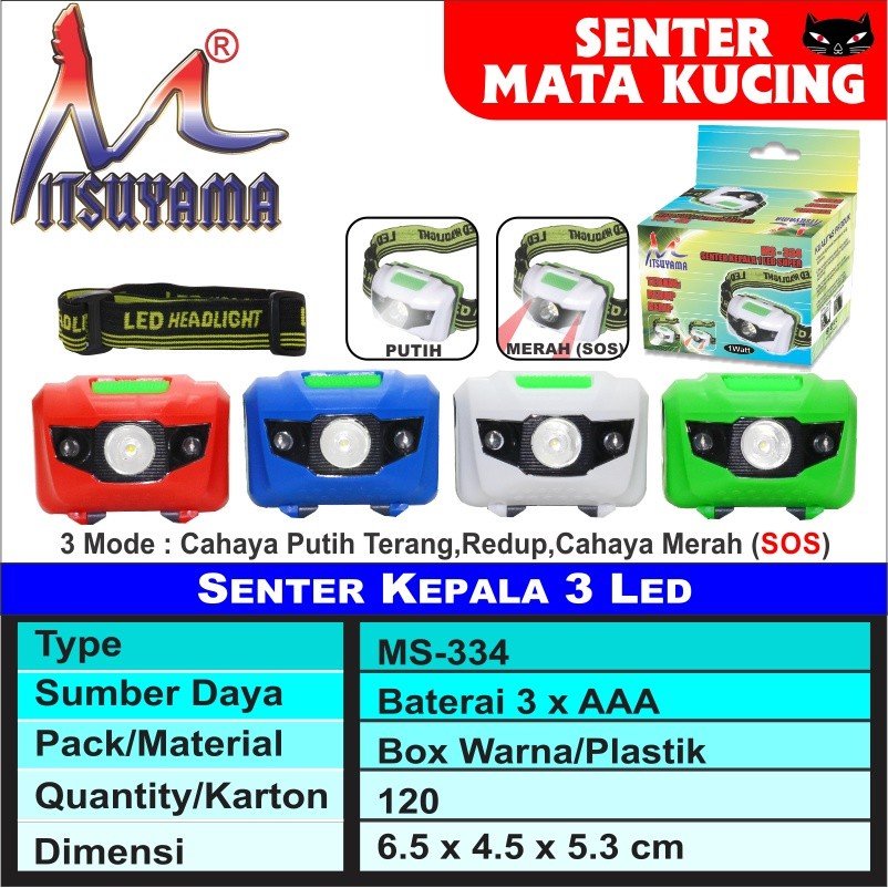 Barangunik2021- Senter Kepala / Headlamp LED Mitsuyama MS-334 (Baterai) Anti Air