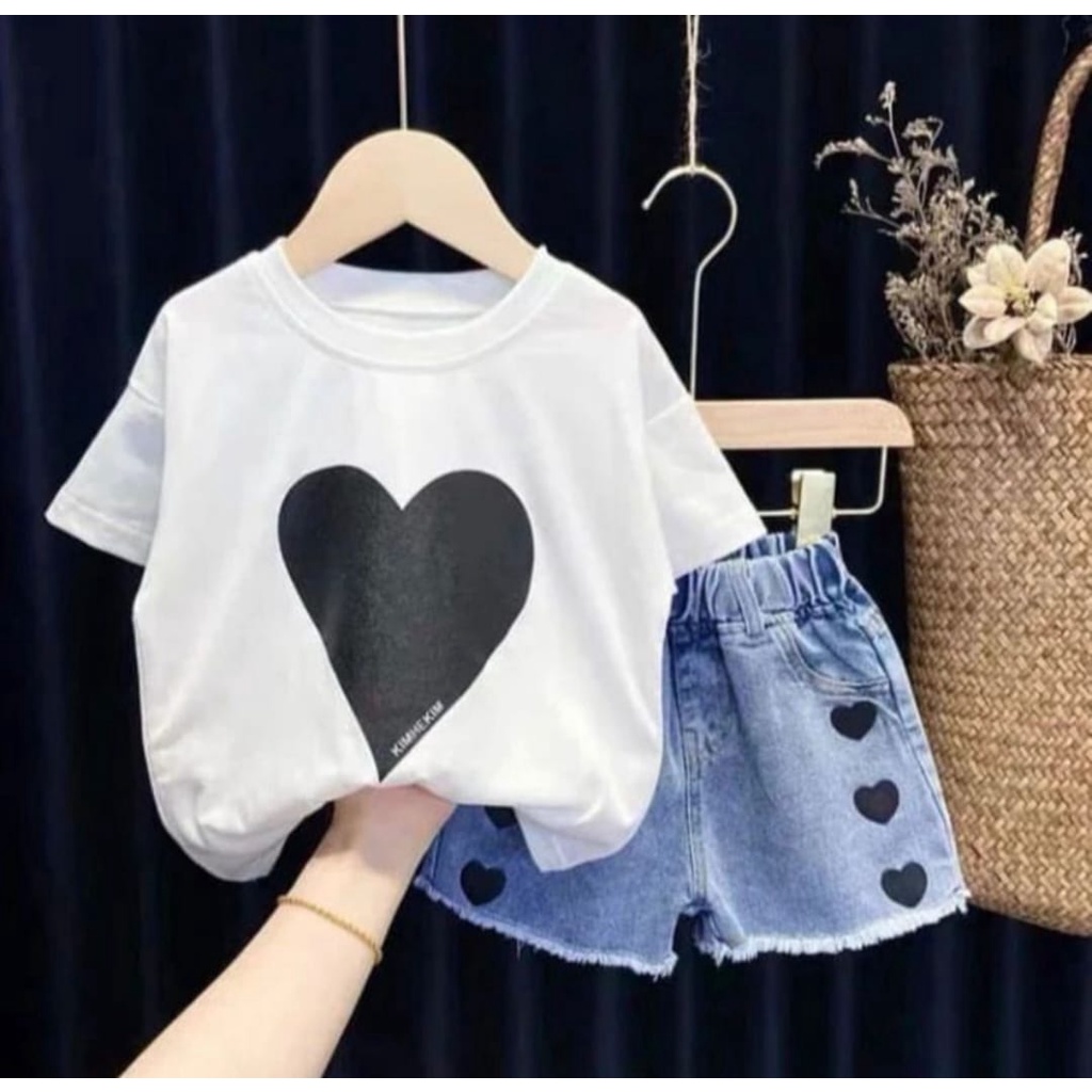 JEANS SET | SETELAN SOFT JEANS DENIM ANAK PEREMPUAN 1-5 TAHUN TERBARU 2022 SETELAN SOFT JEANS LOVE CELANA PENDEK TERBARU