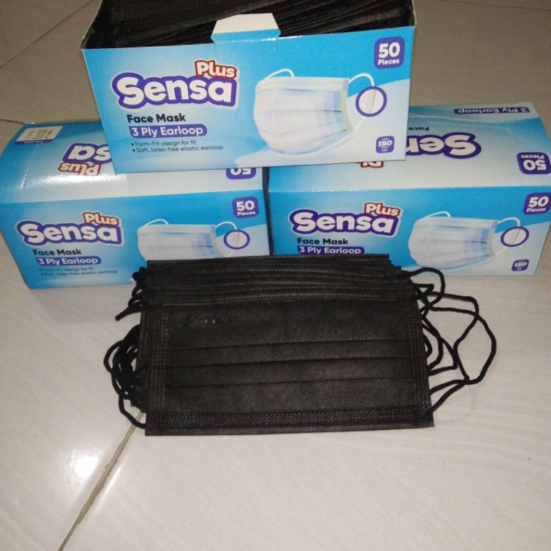 Masker Sensa Plus earlop 3ply/isi50, warna hitam/black