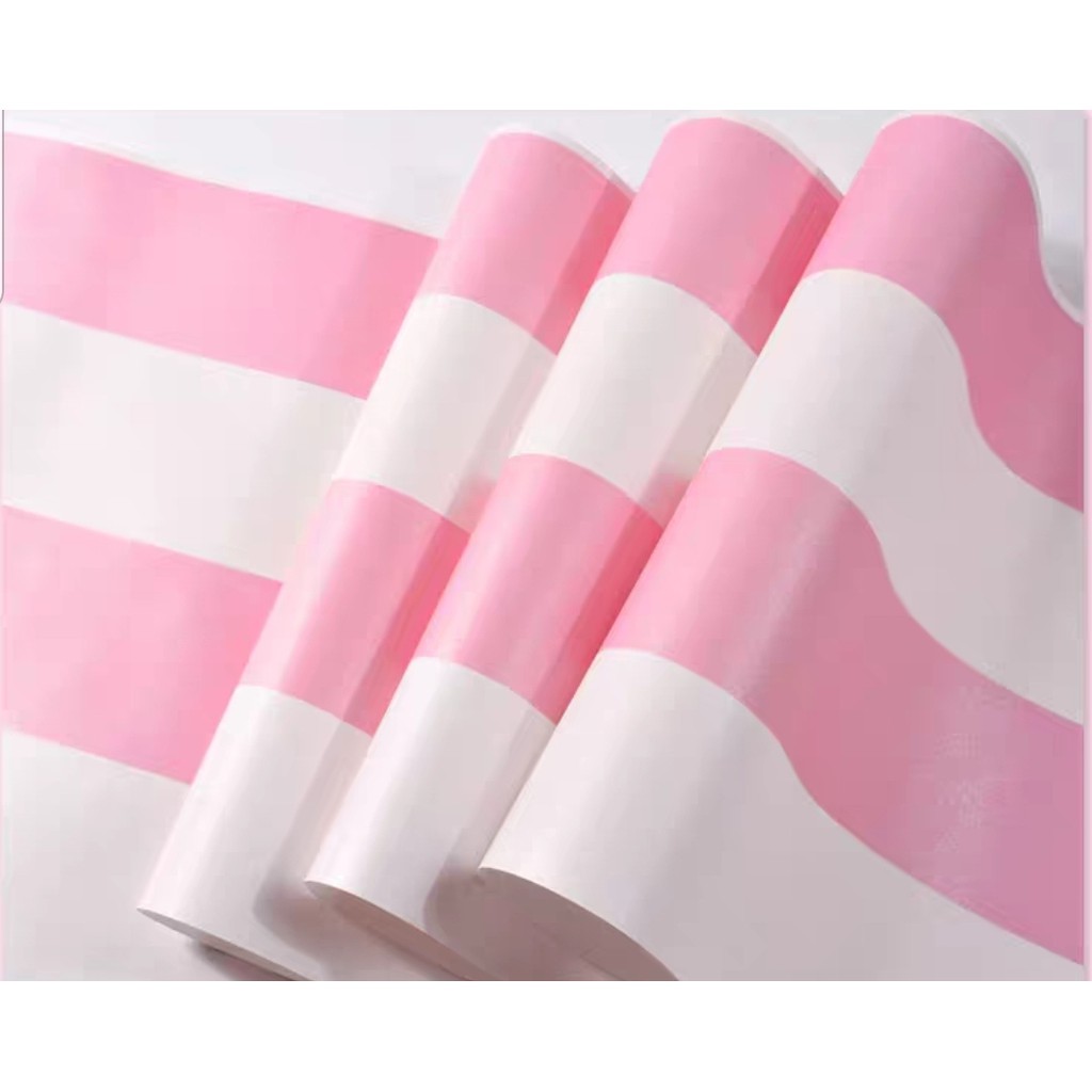 Wallpaper Sticker Dinding Motif Salur Garis Besar Pink Putih uk 45cm x 10m