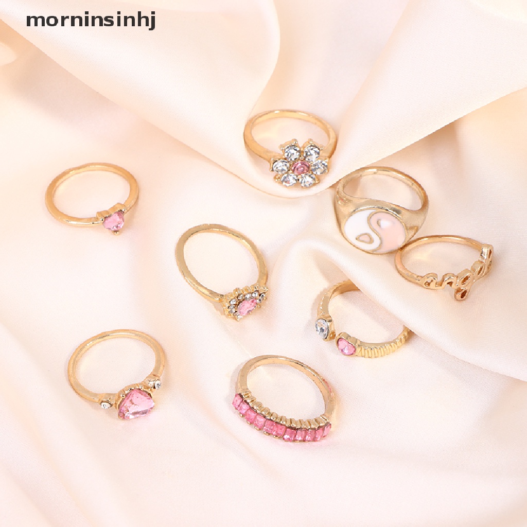 Mornin 8pcsset Cincin Bentuk Hati Warna Pink Gaya Punk Untuk Wanita