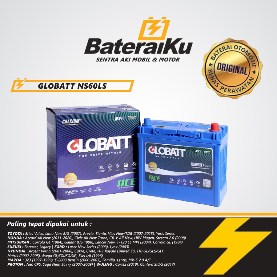 Aki Mobil GLOBATT NS60LS MF Untuk Yaris, Honda CRV, HRV, dll