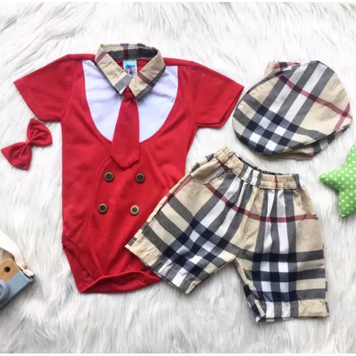 Baju setelan jumper dasi kupu-kupu free topi bahan adem babyboy bayi laki-laki lucu murah -lux