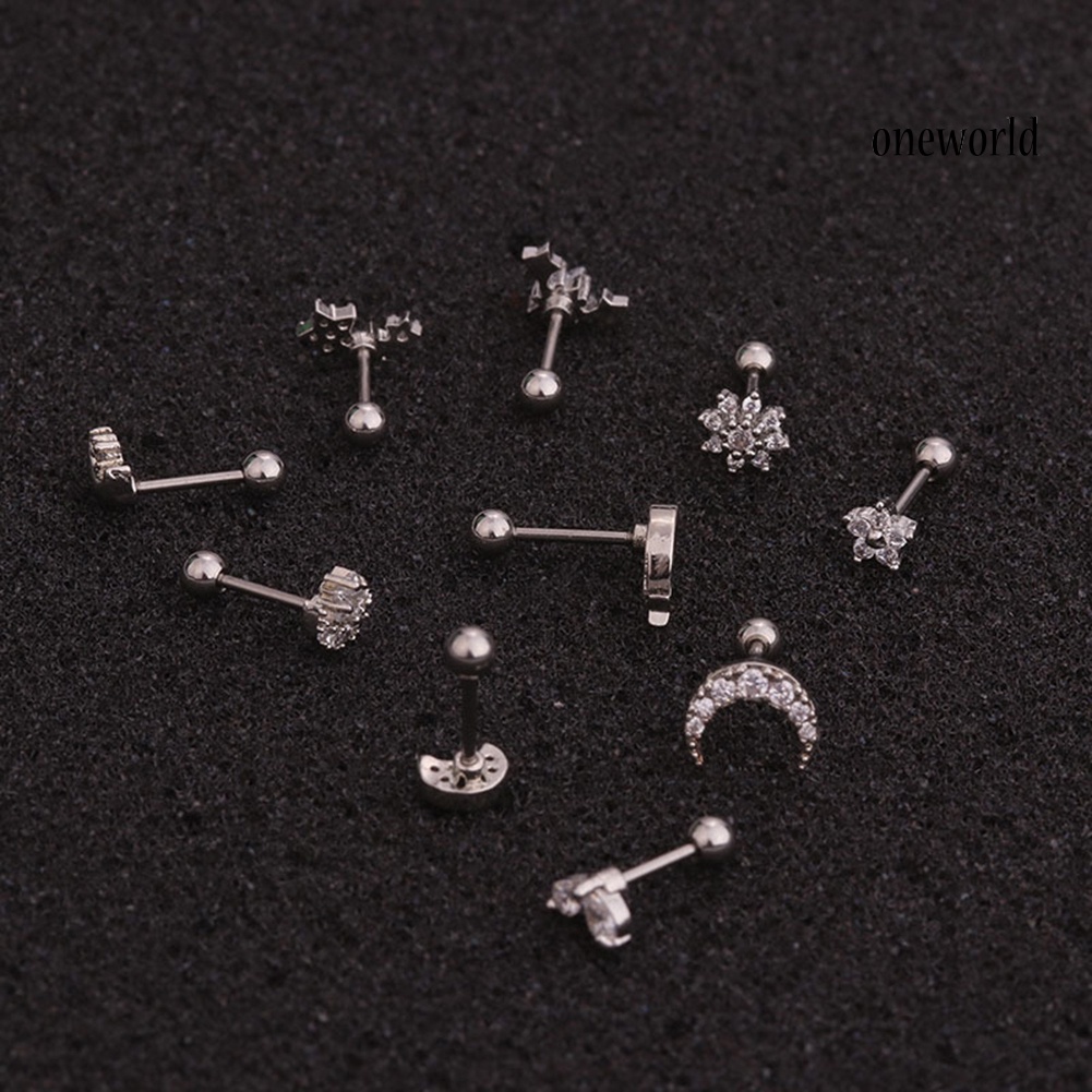 OW@ 1Pc Women Cubic Zirconia Inlaid Flower Star Moon Cartilage Stud Earring Jewelry