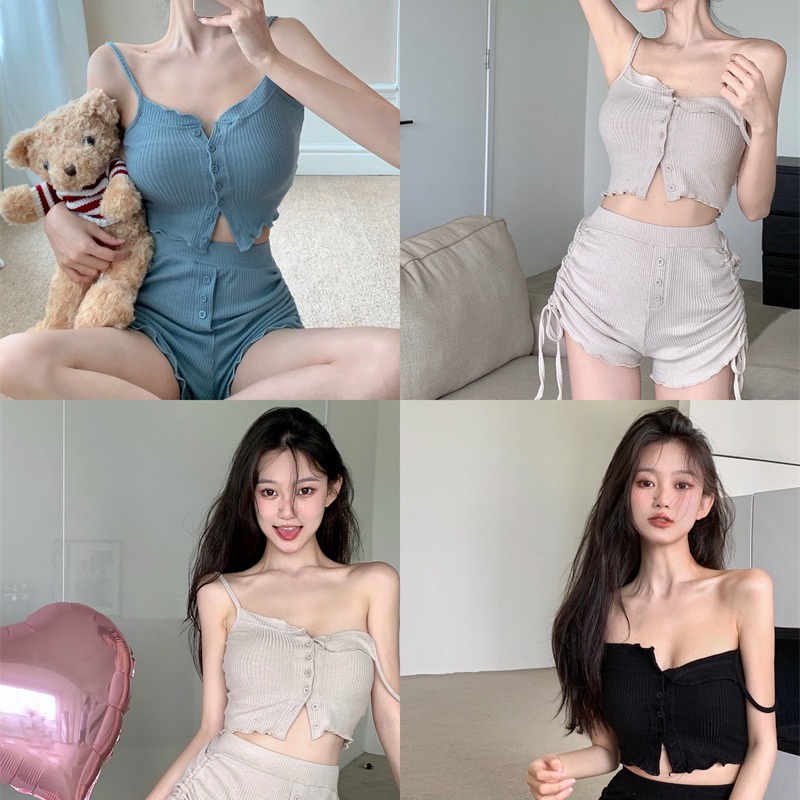 Suhao Pinggang Tinggi Slim Celana Pendek Serut Retro Musim Panas Longgar Korea Kasual Celana Temperamen Tepi Jamur Wanita Overall Lebar Kaki Celana