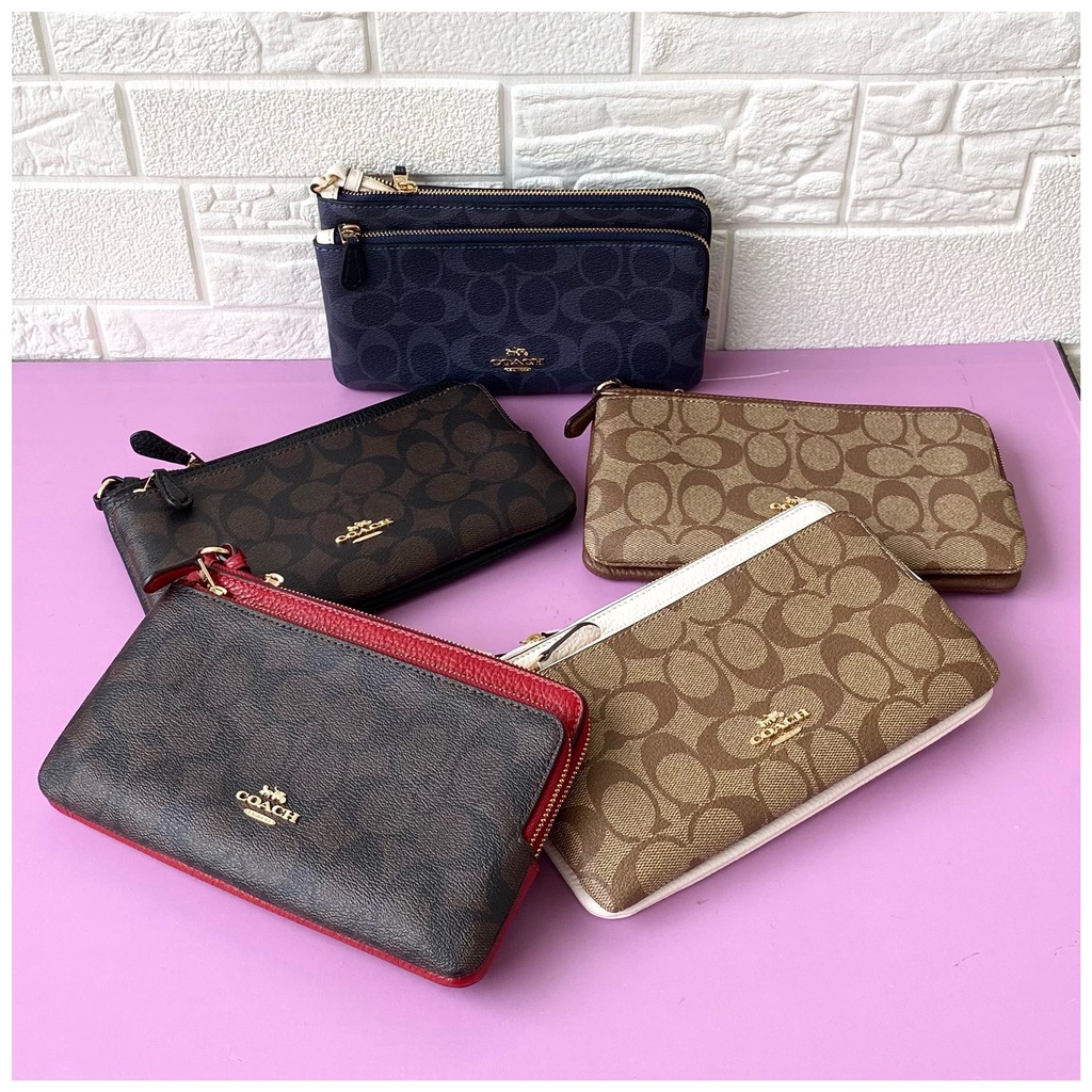 Dompet Wanita Branded Coach Large Wristlet Signature Coated Canvas Double Zip Wallet - 100% Original