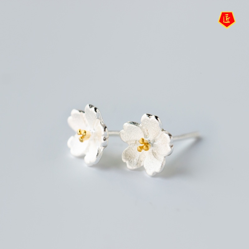 [Ready Stock]Silver Sakura Ring Earings Set Female Korean Style Simple Classic