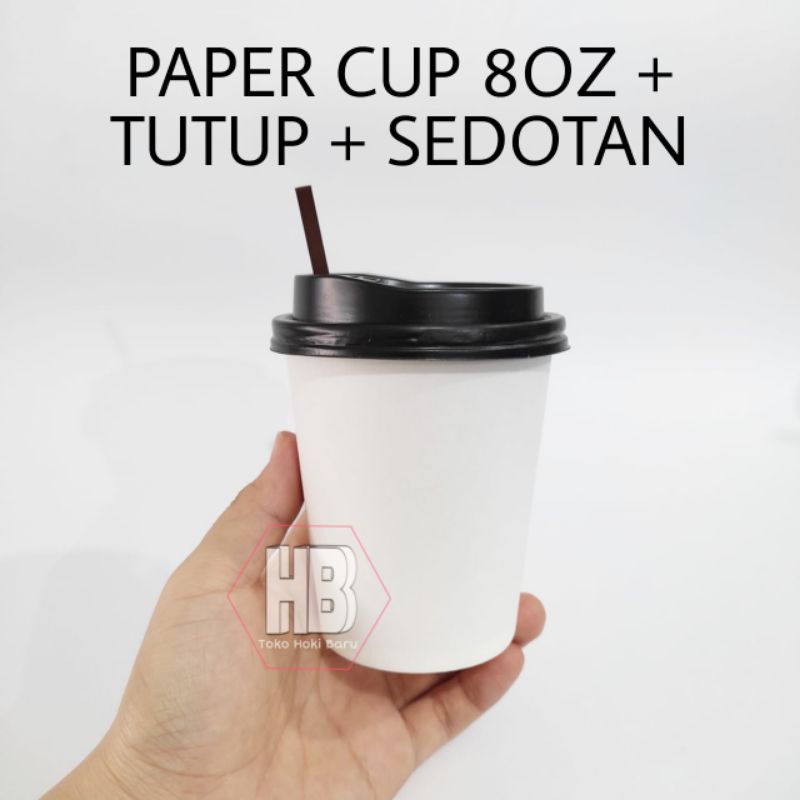 [50 Set] Paper Cup Polos 8oz untuk Kopi / Panas + Tutup + Sedotan/Pipet Kopi Panas