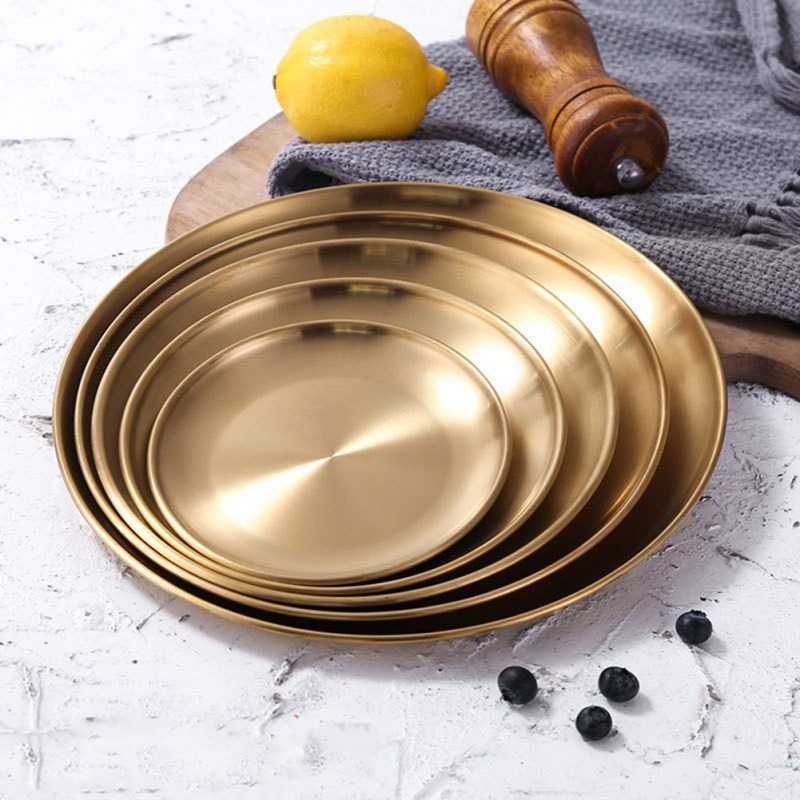 One Two Cups Piring Makan Emas Stainless Steel 20-26 CM Dekorasi Nampan Baki European Style - Golden