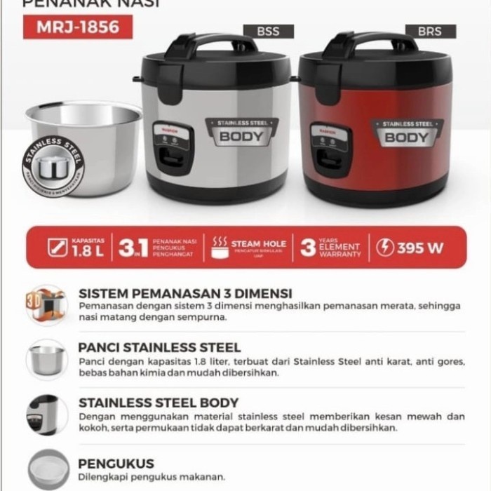MASPION Magic Cooker 1.8 L Stainless Steel Body Penanak MRJ - 1856 ( WARNA RANDOM )