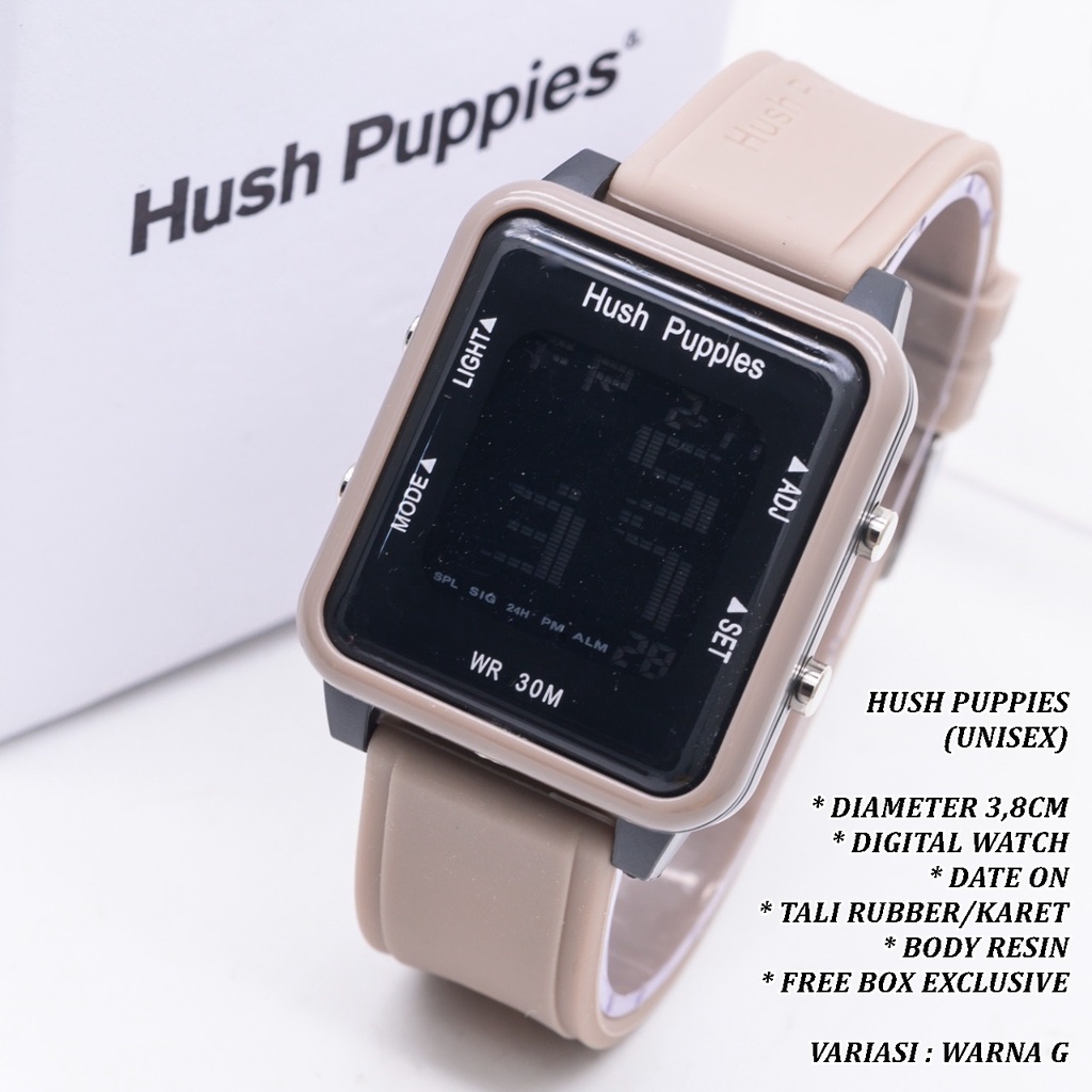 (FREE BOX) JAM TANGAN UNISEX HUSH PUPPIES TALI RUBBER BODY SEGI TANGGAL AKTIF