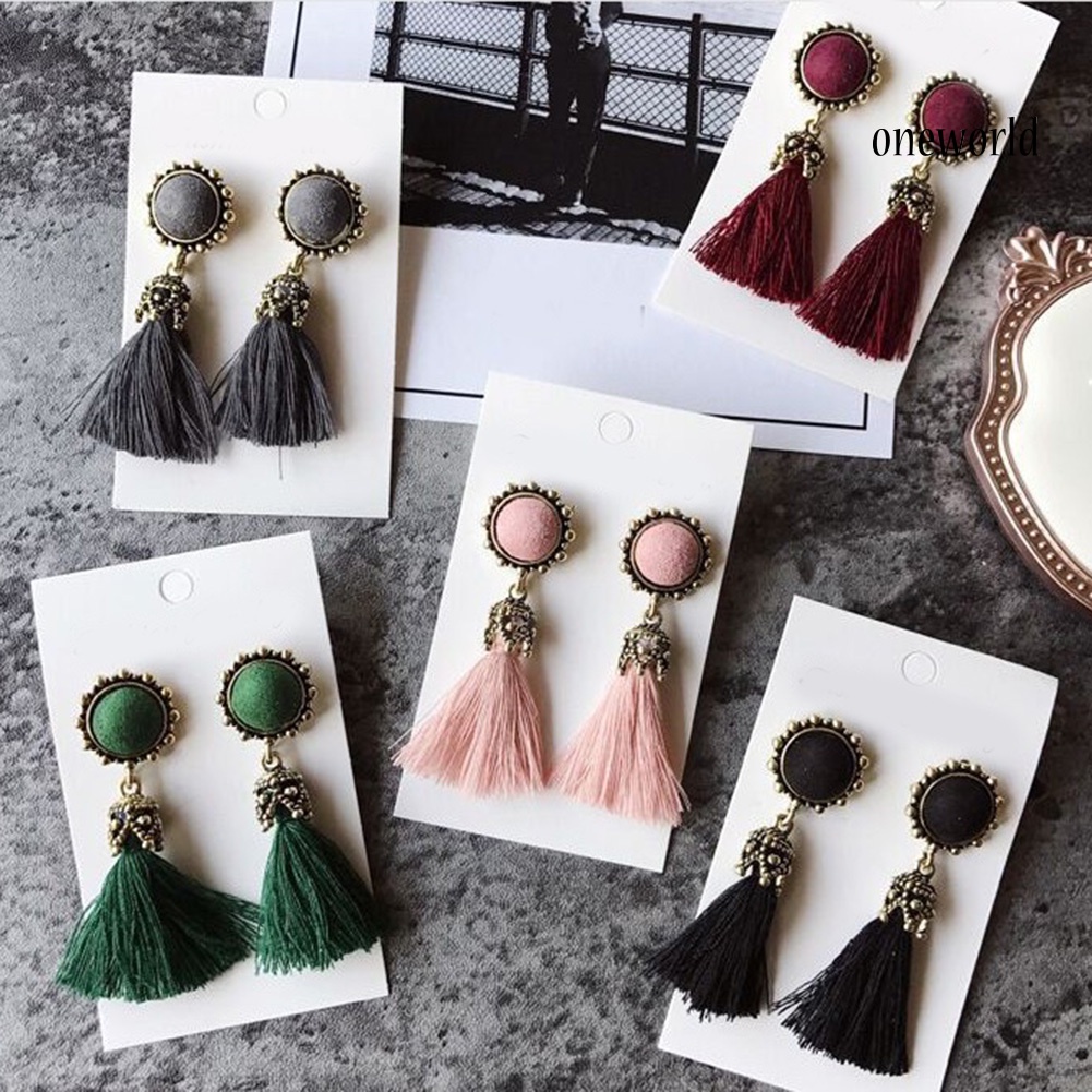 OW@ Vintage Women Tassel Fringed Drop Round Ear Stud Earrings Statement Jewelry