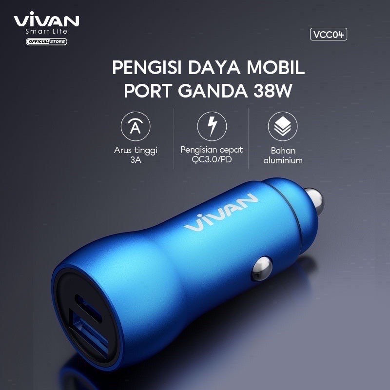 VIVAN VCC04 Car Charger Casan Mobil 2 Ports USB-A &amp; Type C 20W 3A PD QC3.0 Fast Charging - Garansi 1 Tahun