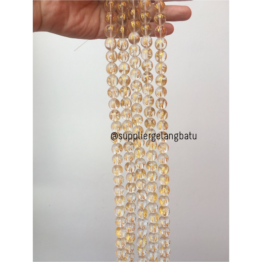 Bongkah Tibet Hoki Putih Clear Quartz 14mm Renceng Bahan Serat Emas 14 Om Mani Padme Hum Korea Akik