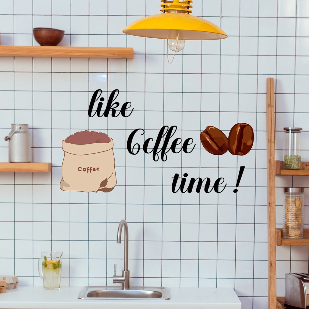 Stiker Dinding Desain Coffee Time Bahasa Inggris Untuk Dekorasi Dapur / Restoran