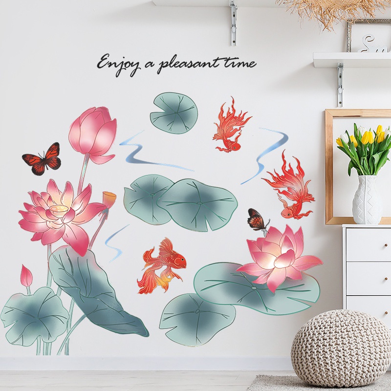 2pcs / set Stiker Dinding Desain Lotus Pond Dan Lotus Koi Butterfly Floral Gaya China Untuk Dekorasi Kamar Tidur