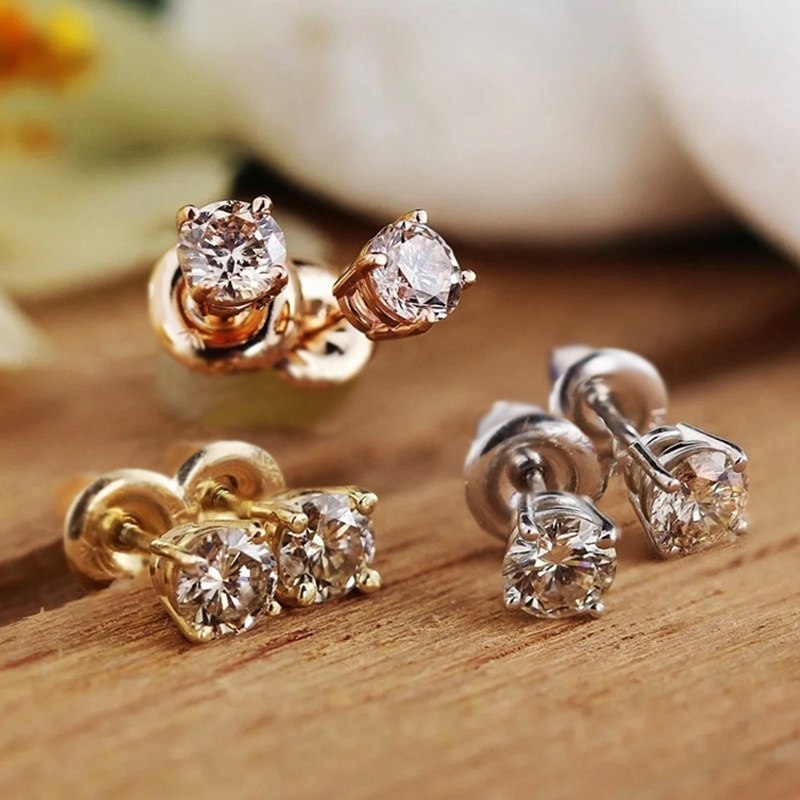 Anting Stud Cubic Zirconia 3 Warna Bahan Metal Gaya Minimalis Untuk Wanita