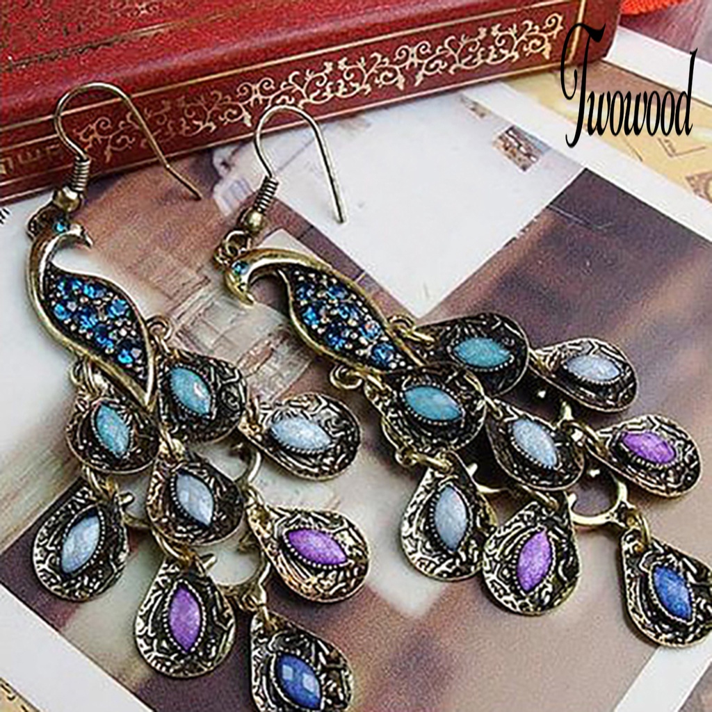 Anting Hook Dangle Bentuk Merak Gaya Bohemian Vintage Untuk Pesta