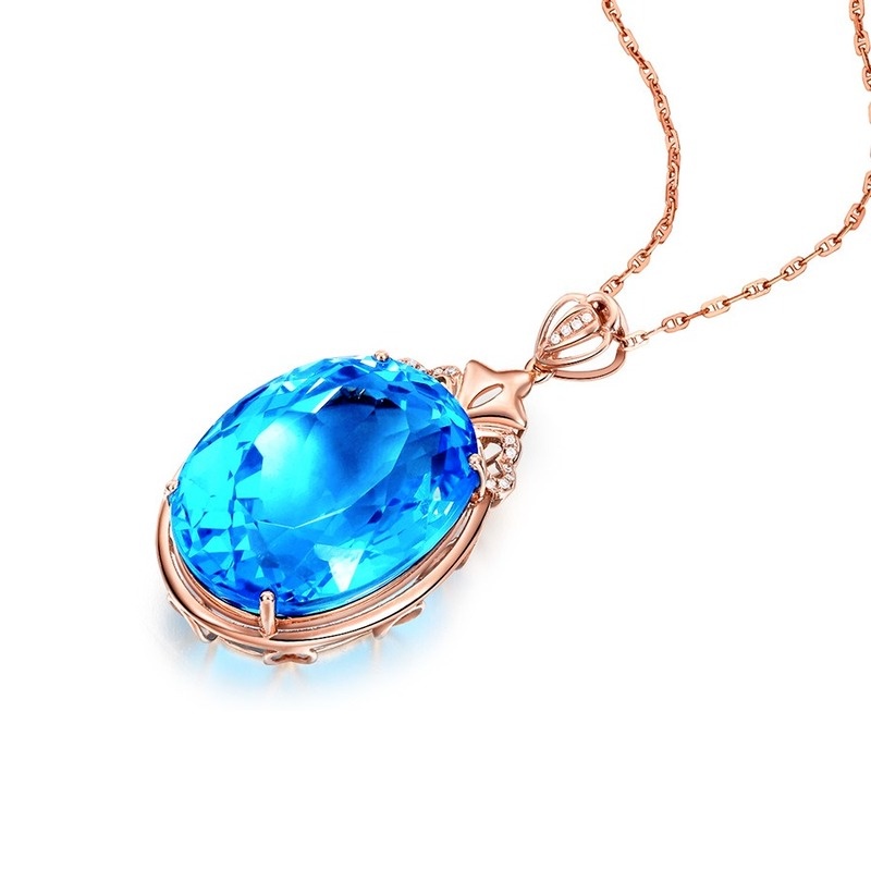 [Ready Stock]Fashion Inlaid Sea Blue Gemstone Pendant 18K Rose Gold Plated Necklace