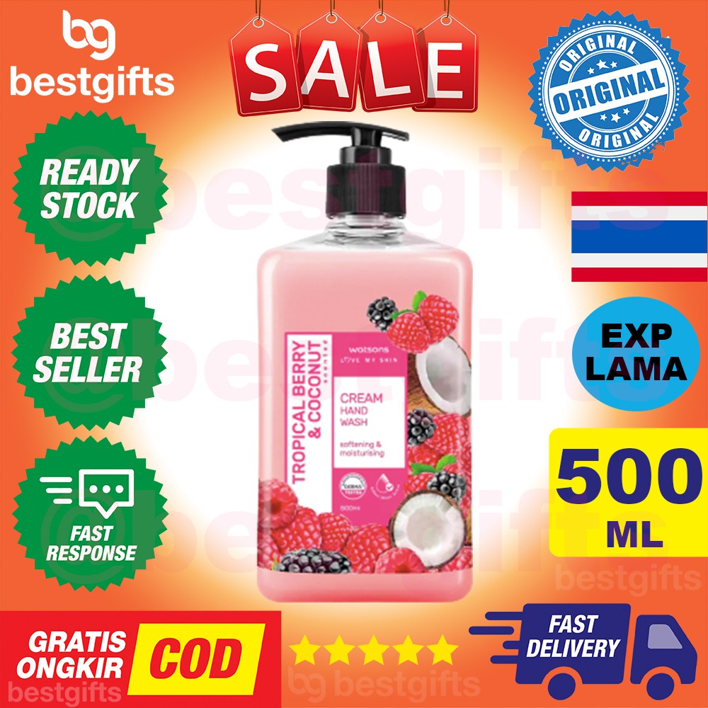 WATSONS CREAM HAND WASH SABUN CUCI TANGAN CAIR TROPICAL BERRY COCONUT STRAWBERRY HALUS LEMBUT 500 ML