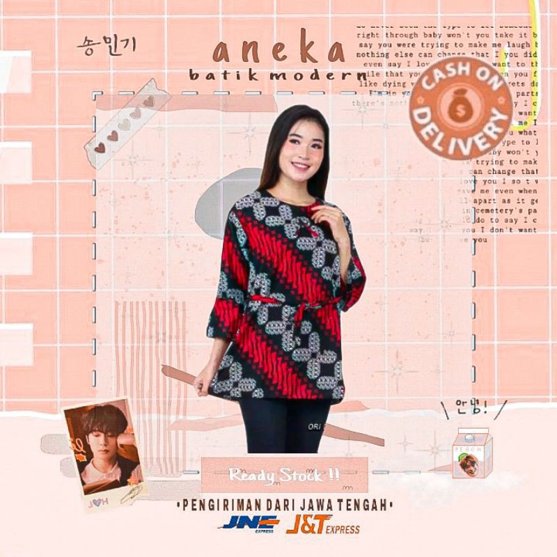 ATASAN BATIK WANITA BLOUSE LENGAN PANJANG WARNA MERAH HITAM ABU