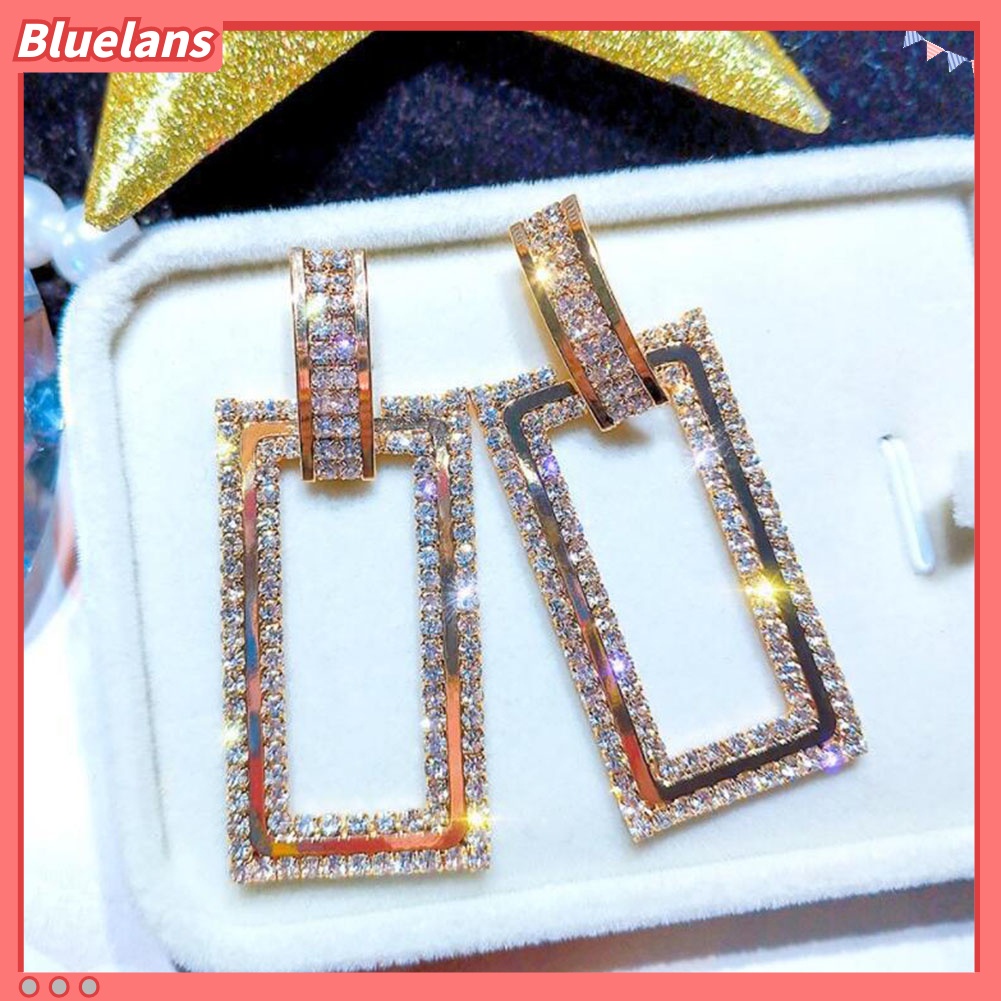 Bluelans Women Rhinestone Inlaid Hollow Rectangle Dangle Ear Stud Earrings Jewelry Gift