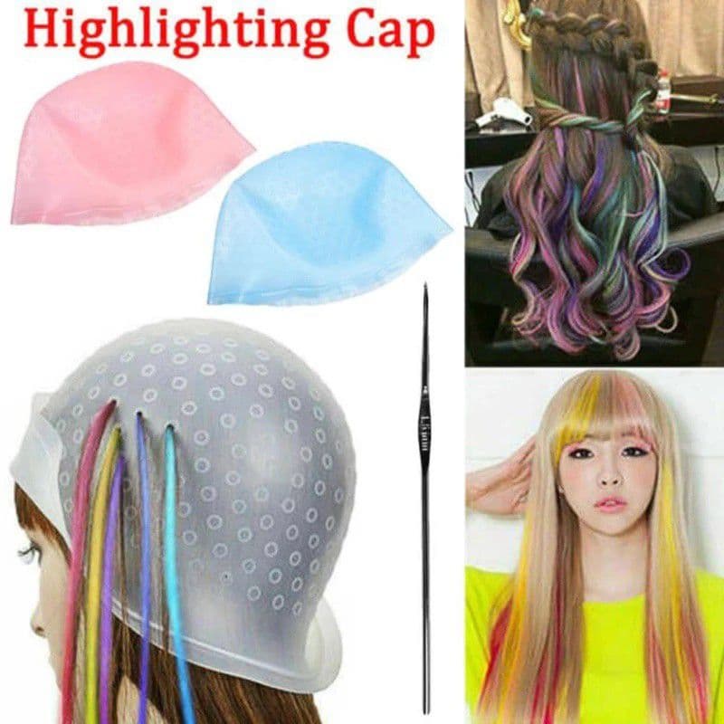 ASK Topi Semir Cat Rambut Silikon Kait Karet dengan Kait Logam Highlight Profesional Magicap bleaching Dye Hat Tint Cap Penutup Kepala Silikon, Alat Tata Rambut