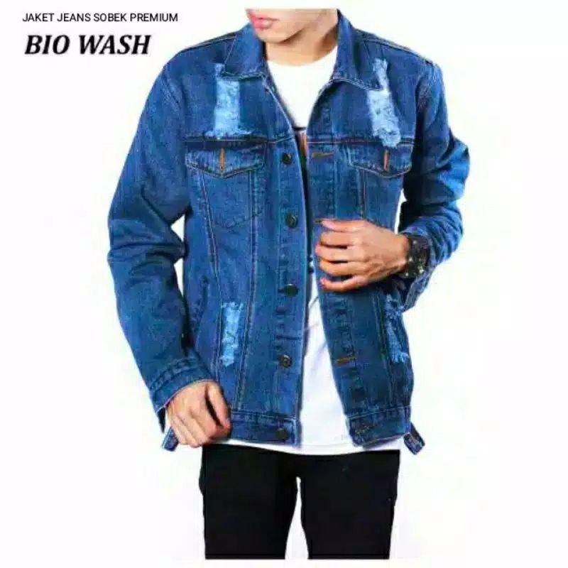 Jaket Jeans Denim Pria Sobek Biowosh / Jaket Denim Sobek Biru Tua