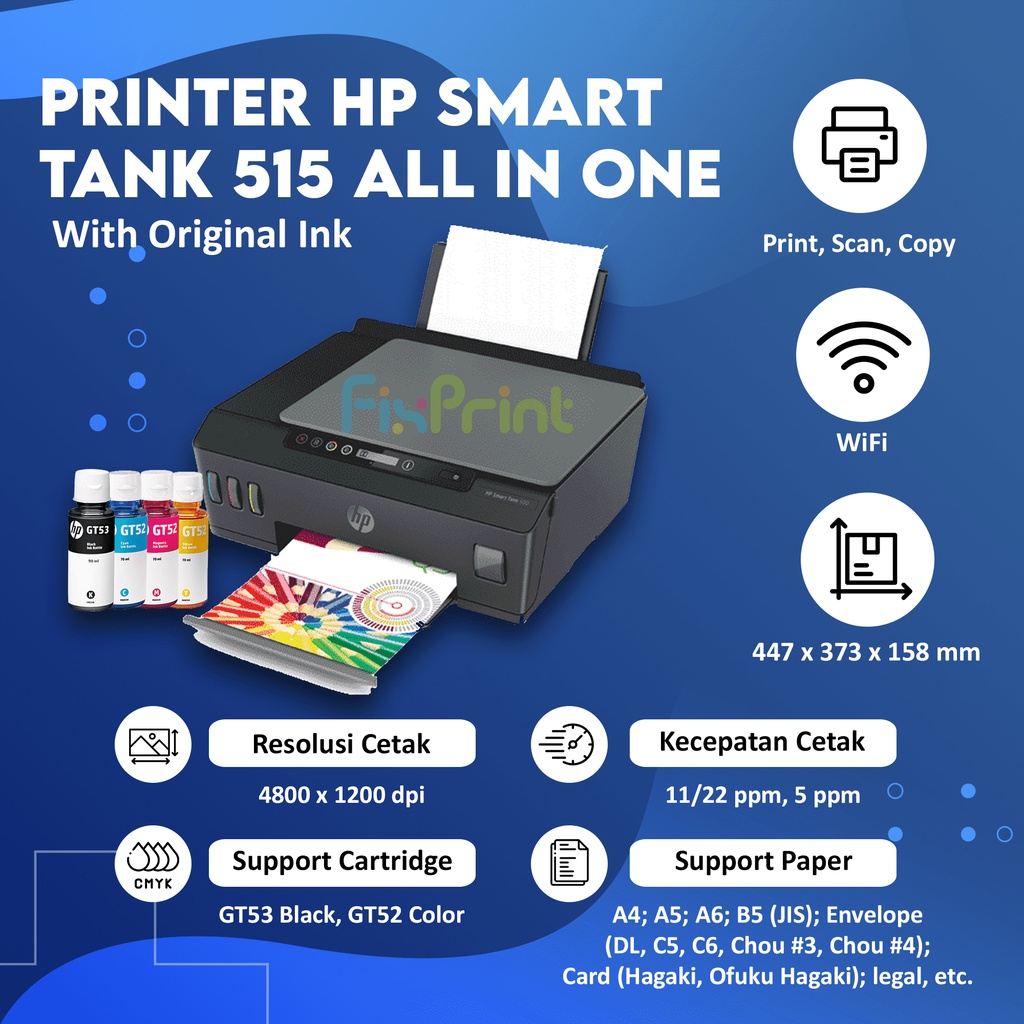 Printer HP Smart Tank 515 Print Scan Copy WiFi Wireless Tinta GT53GT52