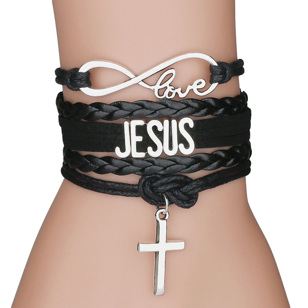 Hu Hu Hu Hu Hu Alat Bantu Pasang Kacamata♡ Infinity Gelang Tali Kepang Multilayer Dengan Charm Salib Yesus Love JESUS Untuk Priawanita