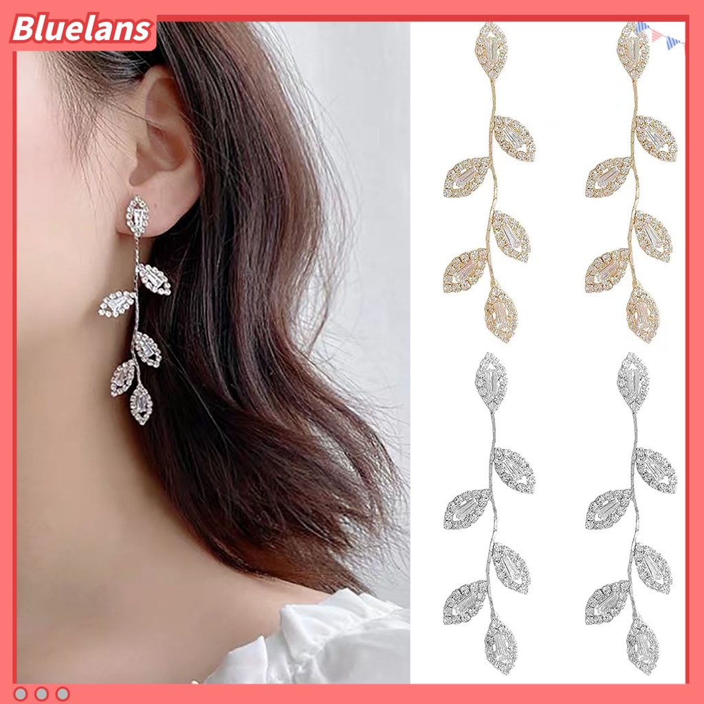 1 Pasang Anting Stud Cubic Zirconia Bentuk Daun Bahan Alloy Untuk Wanita