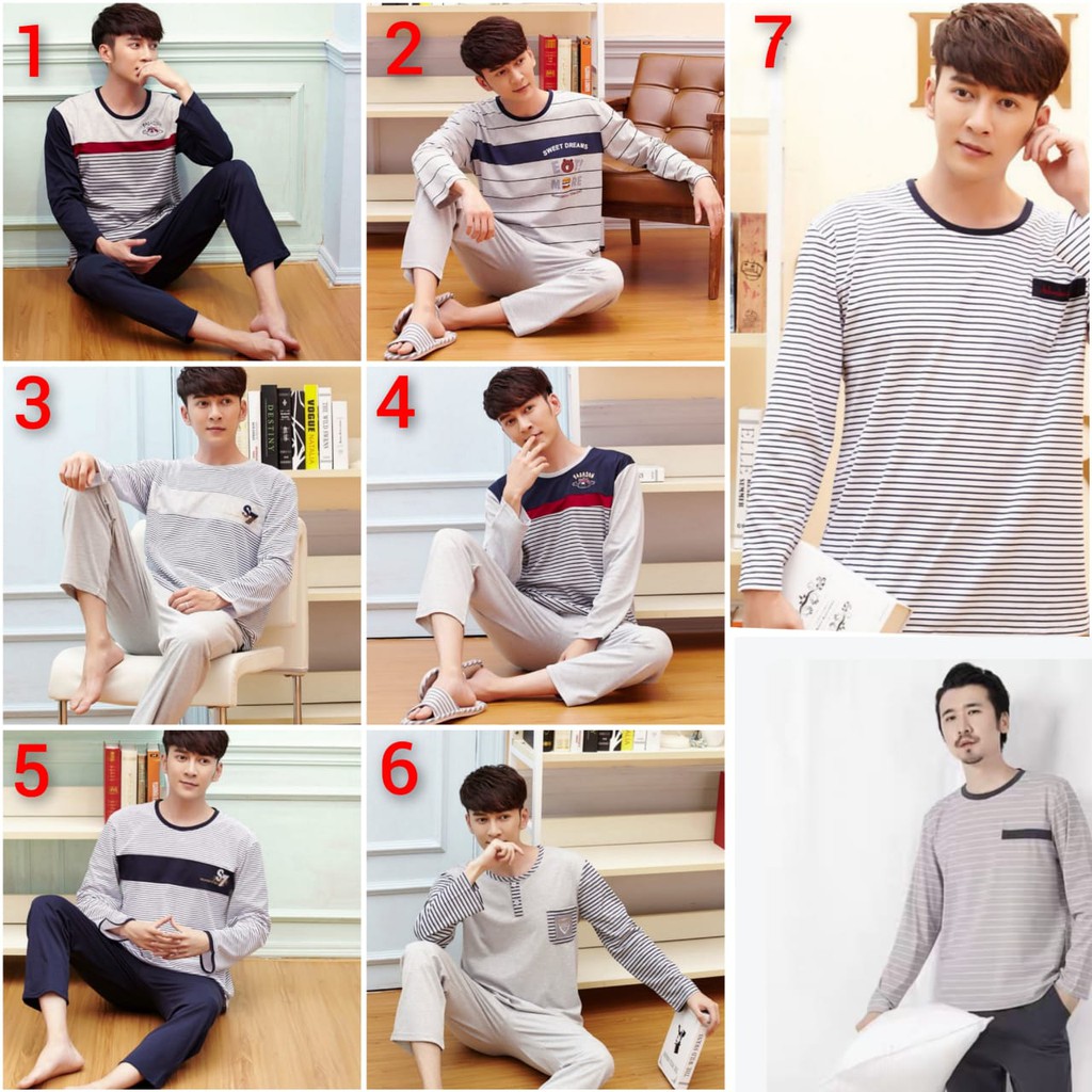 BAJU TIDUR PIYAMA PRIA PP KAOS TEBAL HALUS IMPORT BERKUALITAS LENGAN PANJANG SETELAN CELANA PANANG MOTIF SALUR PUTIH HITAM TERBARU SIZE L-XXXL FIT TO 85KG