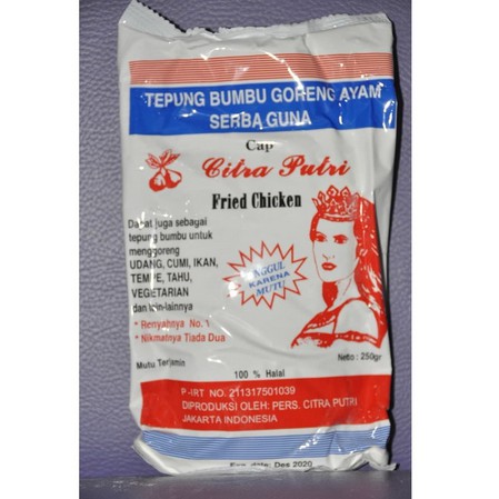 

TEPUNG BUMBU SERBAGUNA CAP CITRA PUTRI, TEPUNG PUTRI, TEPUNG BUMBU GORENG AYAM 250 GR