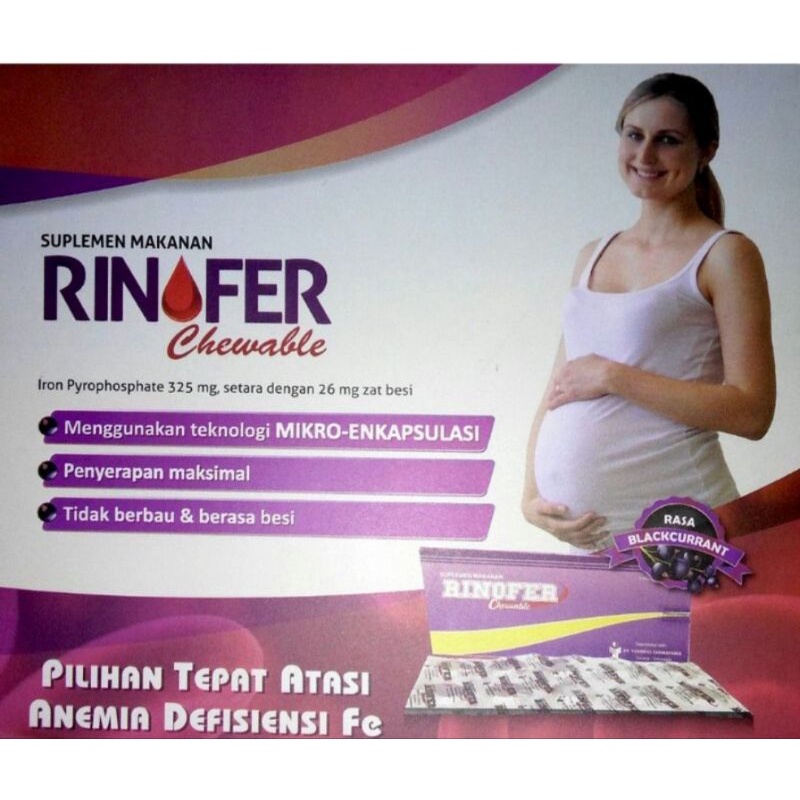 RINOFER Cheweble - penambah darah bentuk tablet hisap.