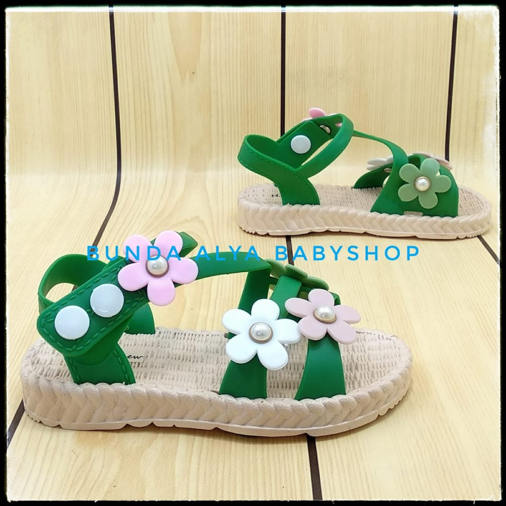 Sendal Anak Perempuan IMPORT Usia 4 5 6 Tahun Bunga HIJAU - Sepatu Sandal Anak Cewek Tali Bunga Elastis Anti Licin Alas Karet