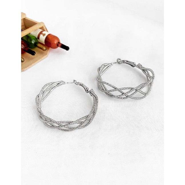 LRC Anting Tusuk Fashion Silver Alloy Hollow Woven Circle Stud Earrings D84460