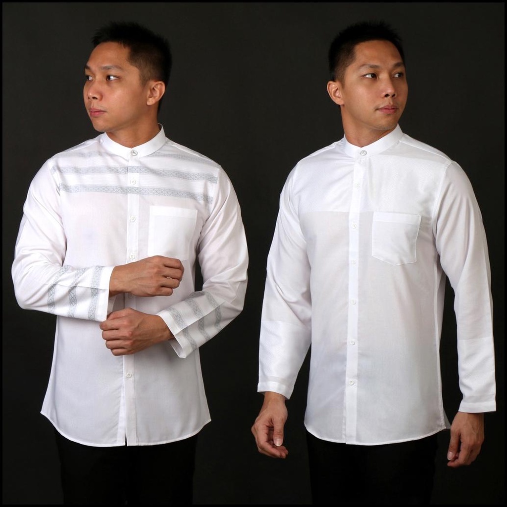 Casella Baju Koko Pria Lengan Panjang Premium Horizontal White | Baju Koko Putih Lengan Panjang