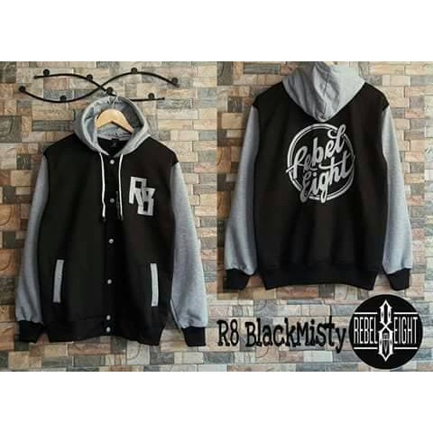 JAKET HOODIE SWEATER R8 REBEL EIGHT HITAM COMBI ABU PREMIUM