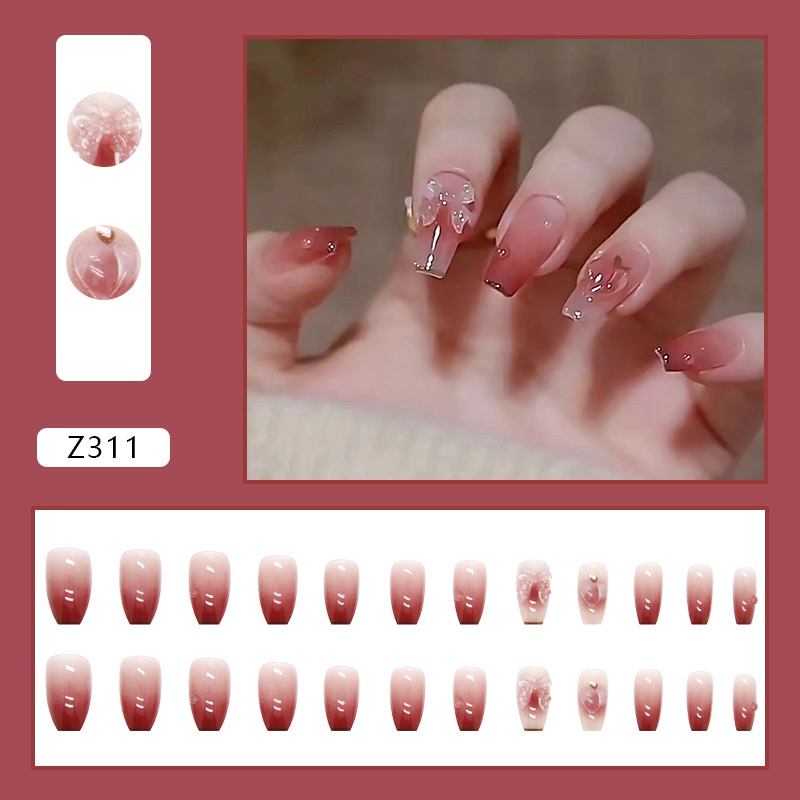 24pcs / Kotak Kuku Palsu Panjang Desain Butterfly Knot Hati Warna Gradasi Merah Transparan Untuk Dekorasi Nail Art