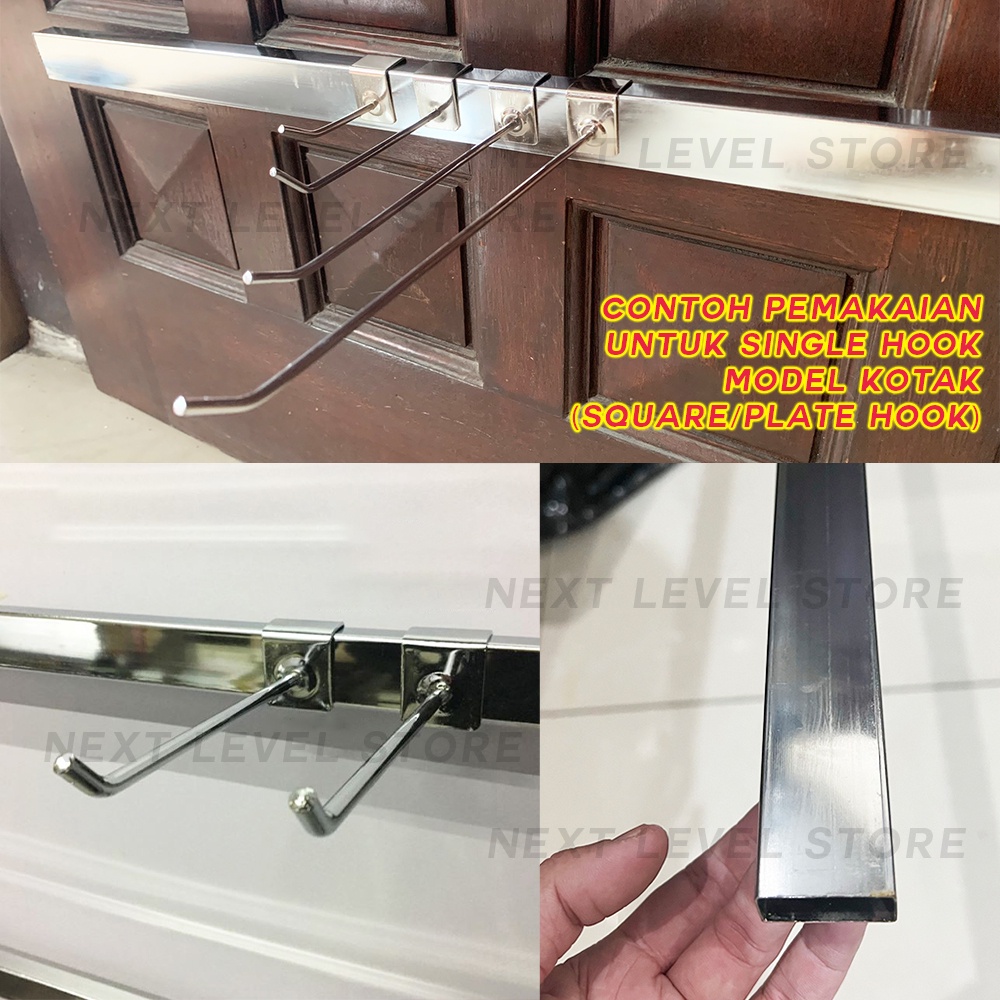 Pipa Kotak Display Kotak Besi 1 Meter Cantolan Hook Silver (Minimal order 6meter dan KELIPATAN 2meter) - harga untuk 1 meter