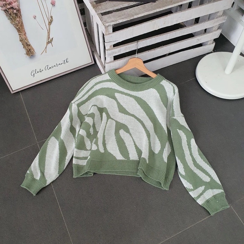 CREW NECK ZEBRA / SWEATER RAJUT PREMIUM / BAJU RAJUT / ATASAN CROP RAJUT TERBARU TEBAL