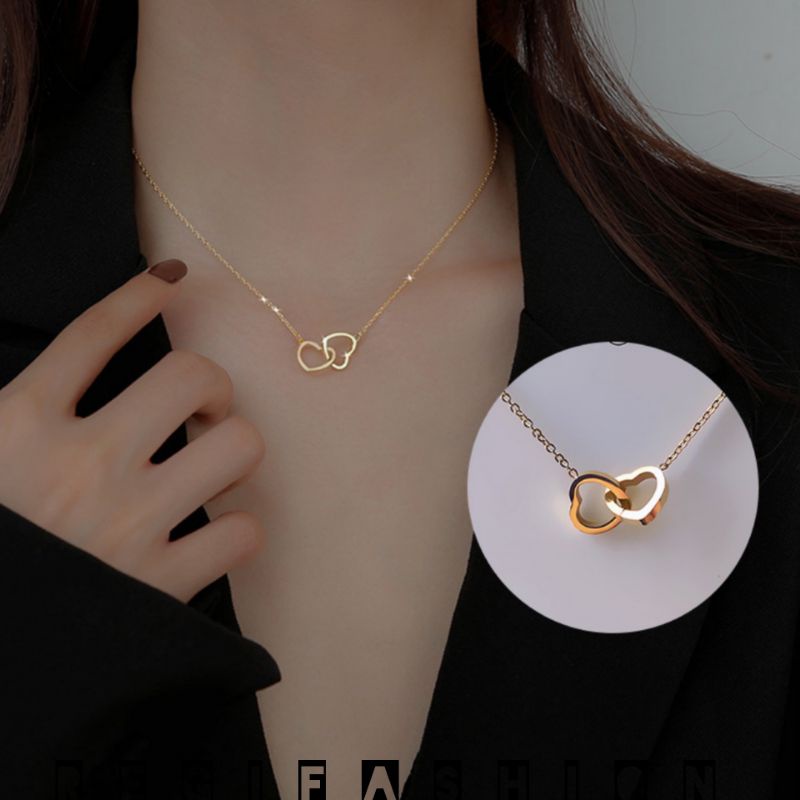 Kalung Titanium Wanita Korea Liontin Love Kembar Gold Kalung Wanita Model Terbaru Anti Karat Tidak Luntu