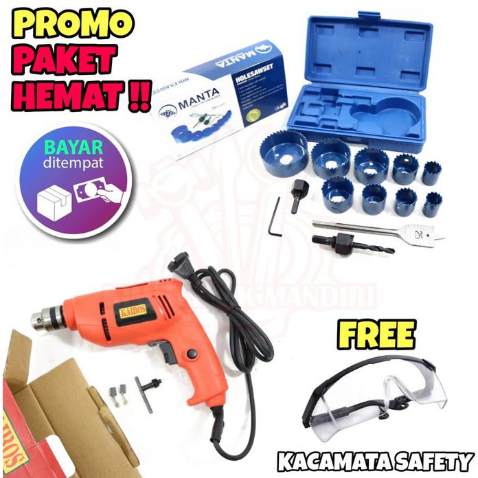 ✅New PAKET MESIN BOR 13MM KAIROS + HOLE SAW MANTA 13PCS 19-68MM + KACA MATA