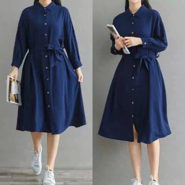 9269# Shirt Dress Navy&Hitam/dress casual/tunik basic/tunik muslim