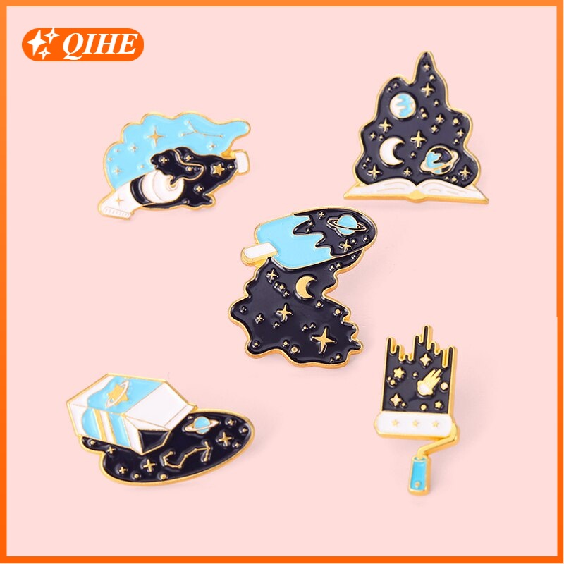 Dark Interstellar Galaxy Stars Moon Enamel Pins Universe Brooch Lapel Badge Bag Cartoon Jewelry Gift for Kids Friends