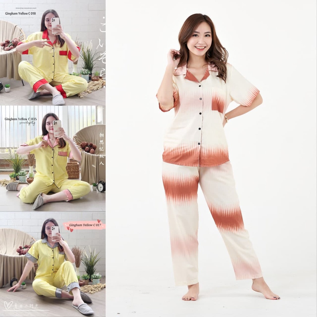 IZANY Piyama Set Kemeja Pendek / Daily Set Kemeja CACAT ada Bekas Kancing